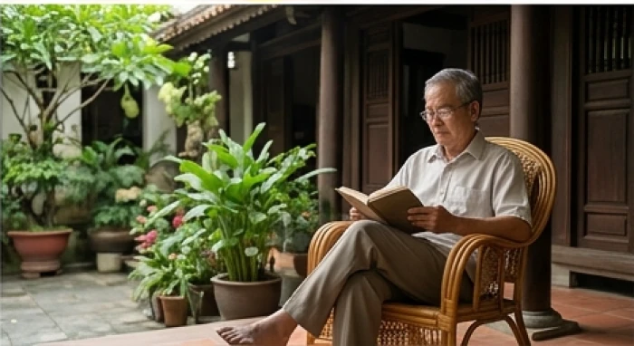 Cụ già tuổi Nhâm Thìn 1952 đọc sách thư giãn ngoài hiên nhà giúp cân bằng cảm xúc vào giữa năm 2027