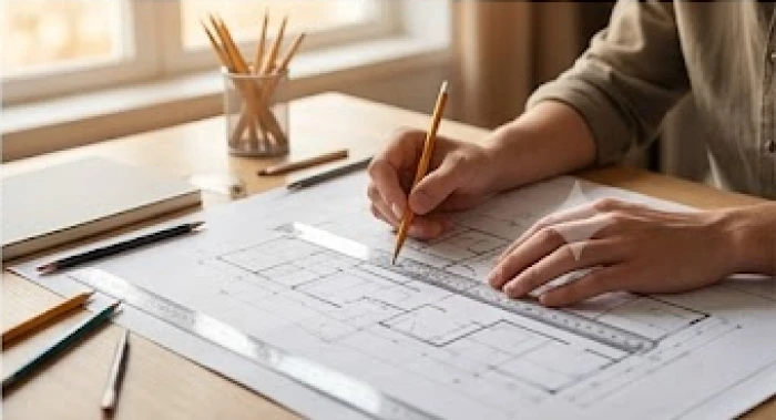 Một người đang tập trung vẽ bản thảo kiến trúc phản ánh định hướng nghề nghiệp vững chắc và kỷ luật