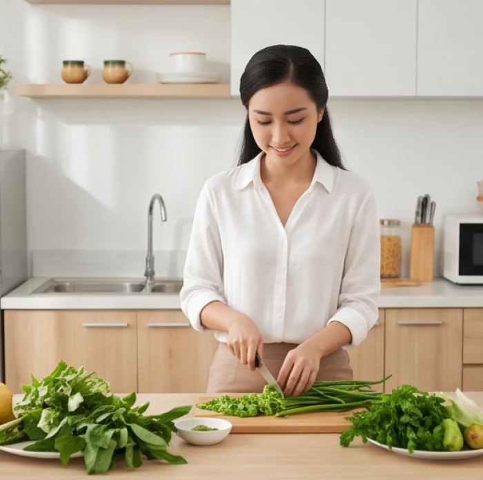 Người phụ nữ chăm chút lựa chọn và rửa rau củ tươi xanh tại gian bếp sạch sẽ gọn gàng để bảo vệ sức khỏe gia đình