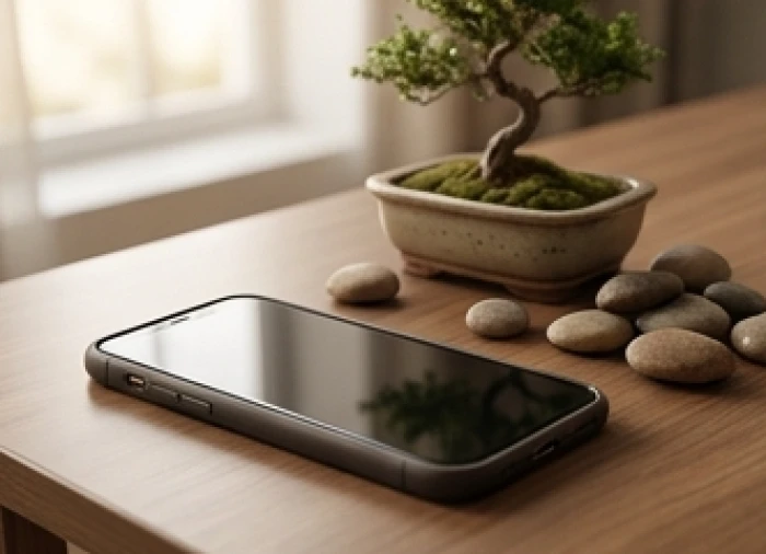 Điện thoại thông minh hiển thị dãy sim chứa cụm số hai năm tám đặt trên chậu cây bonsai