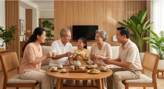 Gia đình người tuổi Ngọ quây quần ấm cúng trong phòng khách nhờ ứng dụng phong thủy hài hòa năng lượng