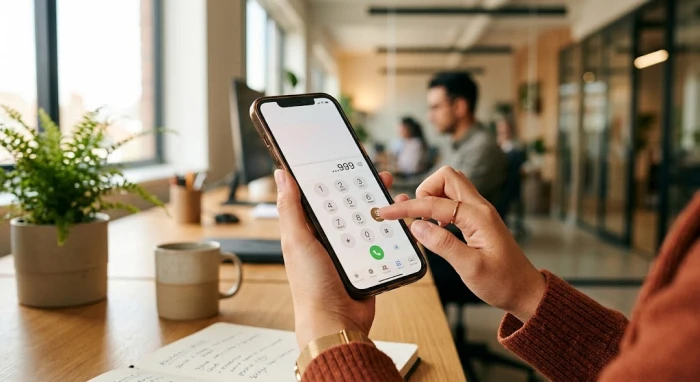 Bàn tay đang bấm các dãy số kết thúc bằng cụm chín chín trên màn hình điện thoại thông minh để liên lạc đối tác