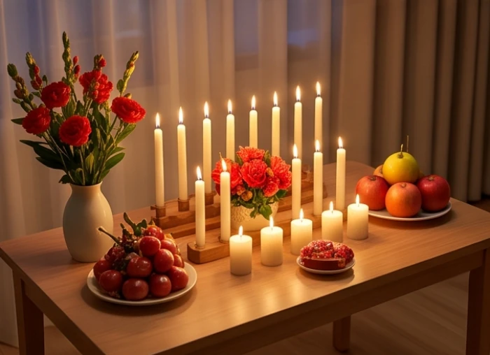Mâm lễ nghênh sao Thái Dương nữ mạng giáp tuất với bài vị đỏ và 12 ngọn nến trang trọng