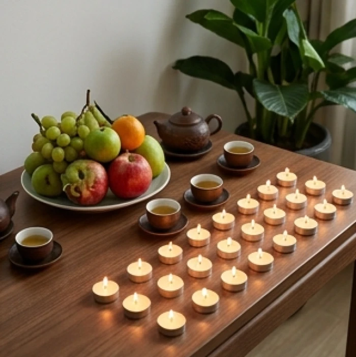 Mâm cúng giải hạn trang nghiêm với trái cây tươi và 21 ngọn nến nhỏ được xếp cẩn thận