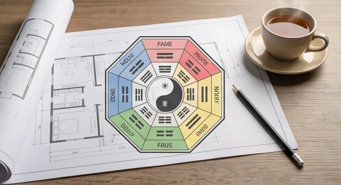 Bản vẽ mặt bằng nhà trệt kết hợp sơ đồ phân cung cát hung cho gia chủ thuộc nhóm Đông Tứ Mệnh