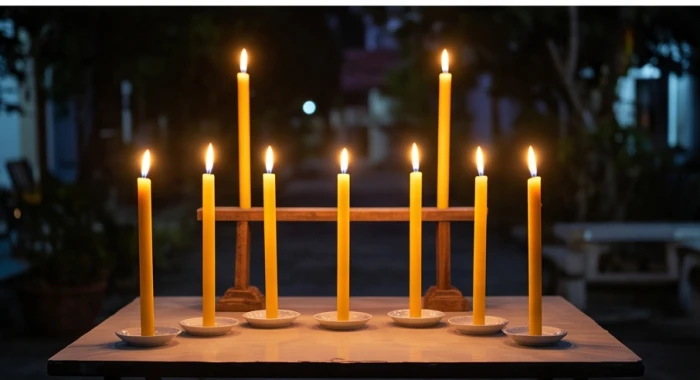 Bảy ngọn nến được thắp sáng và sắp xếp theo hình gáo nước tượng trưng cho chòm sao trên bàn lễ