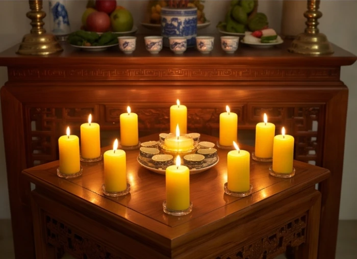 Những ngọn nến được sắp xếp cẩn thận theo sơ đồ trên bàn thờ nghi lễ cúng sao trang trọng