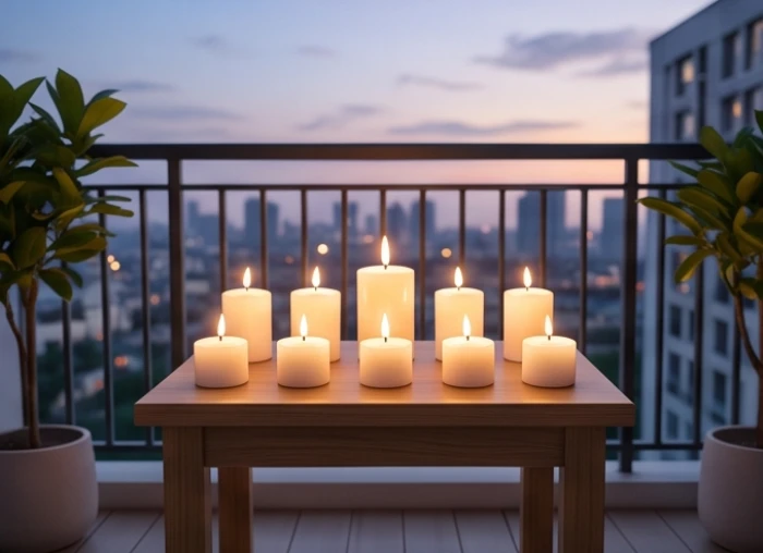 Bàn hương án đặt ngoài ban công với những ngọn nến trắng được xếp ngay ngắn trong đêm