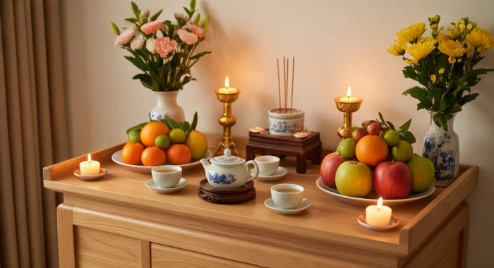 Mâm cúng sao giải hạn với nến thắp sáng trang nghiêm cùng hoa quả và trà rượu sạch sẽ