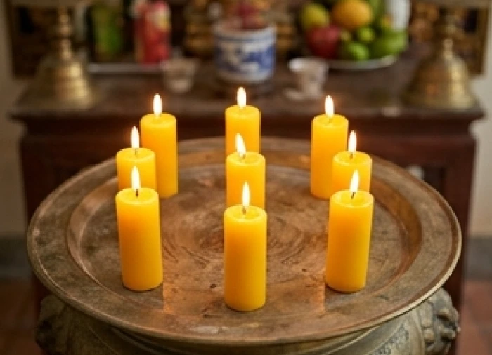 Chín ngọn nến vàng được xếp ngay ngắn thành ba hàng trên chiếc mâm đồng để chuẩn bị cúng giải hạn sao La Hầu
