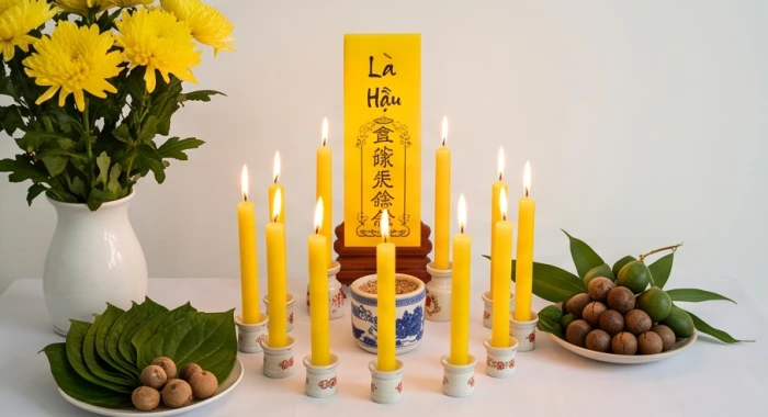 Sơ đồ 9 ngọn nến hướng Bắc cùng mâm lễ hoa cúc vàng và trầu cau cúng giải hạn sao La Hầu cho nữ mạng
