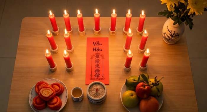 Mâm cúng giải hạn sao Vân Hớn với 15 ngọn nến xếp đúng sơ đồ hướng Nam cùng bài vị và oản đỏ