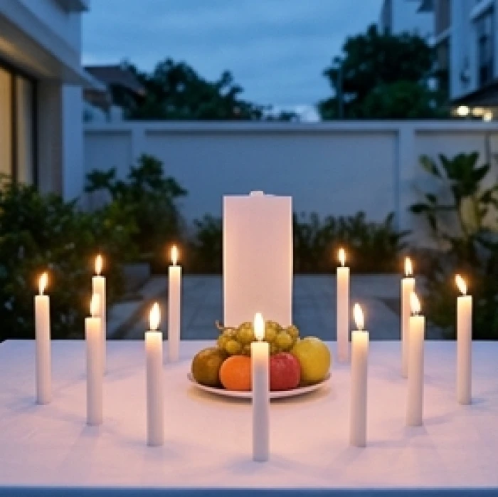 Mâm cúng sao Thái Bạch trang nghiêm với tám ngọn nến được bố trí chuẩn xác cùng bài vị màu trắng hướng về phía Tây