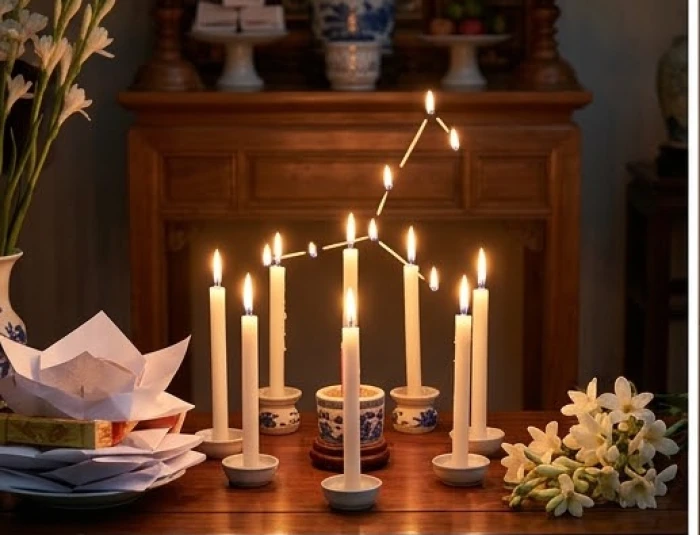 Tám ngọn nến sáng rực được bố trí theo sơ đồ sao Thái Bạch cùng đồ lễ bọc giấy trắng trang nghiêm