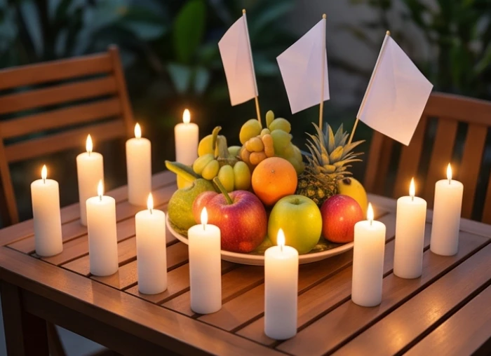 Mâm lễ cúng sao Thái Bạch với tám ngọn nến trắng xếp theo sơ đồ cùng hoa quả tươi ngoài sân nhà