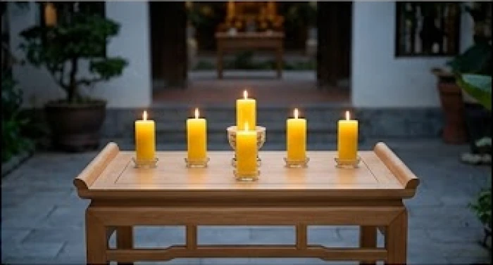 Bàn cúng giải hạn ngoài trời bố trí năm ngọn nến theo hình chữ thập quay về hướng chính Tây trang trọng