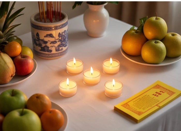 Mâm cúng gọn gàng với năm ngọn nến xếp hình chữ thập và bài vị màu vàng hướng về phía tây trong buổi lễ dâng sao tại nhà