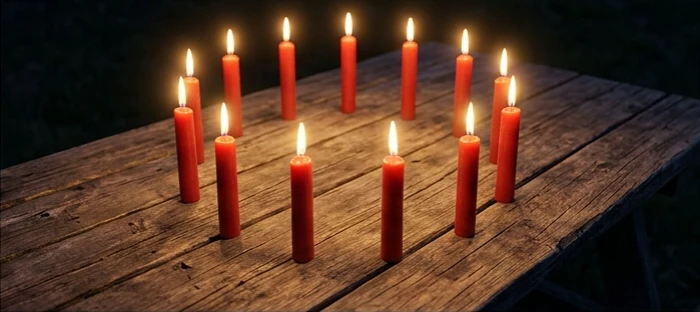 Mười hai ngọn nến rực rỡ xếp thành hình vòng tròn khép kín trên bàn cúng