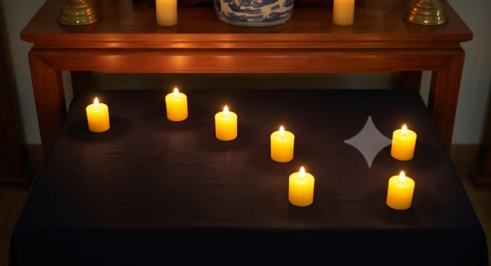 Bảy ngọn nến xếp theo chòm sao bắc đẩu đặt trên vải lót màu đen chuẩn bị cúng sao thủy diệu