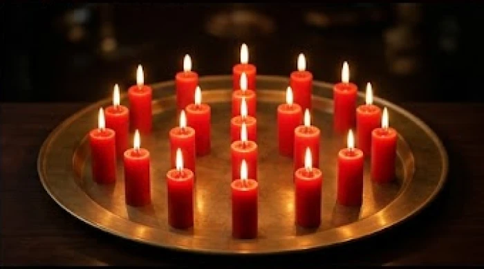 Mười lăm ngọn nến đỏ được sắp xếp cẩn thận theo sơ đồ trận hình của sao Vân Hớn trên chiếc khay kim loại rộng