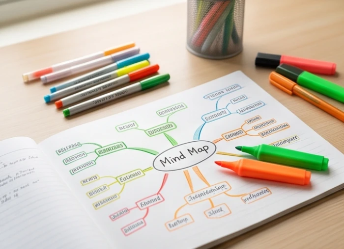 Sơ đồ tư duy với nhiều nhánh màu sắc rực rỡ trải trên bàn học giúp ghi nhớ kiến thức khối C