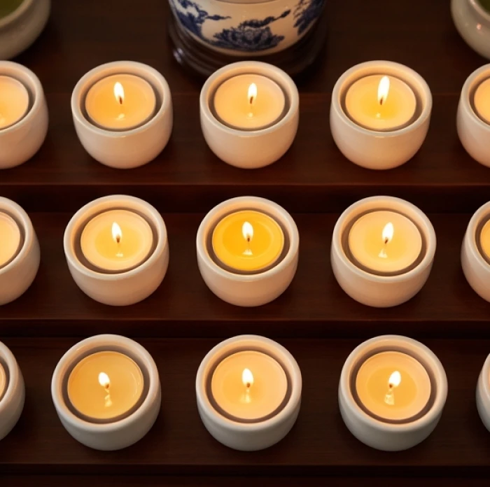 Trận đồ 9 ngọn nến xếp theo ba hàng trang nghiêm trên bàn lễ cúng giải hạn sao la hầu chiếu mệnh hướng Bắc