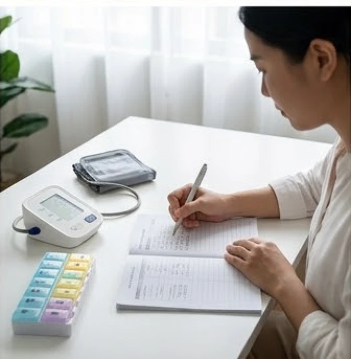 Con cháu cẩn thận ghi chép lịch uống thuốc và chỉ số huyết áp vào sổ khám bệnh hàng ngày