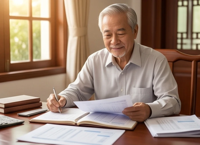 Người đàn ông cao tuổi ngồi nghiên cứu sổ sách tài chính và tài liệu đầu tư trên bàn gỗ truyền thống