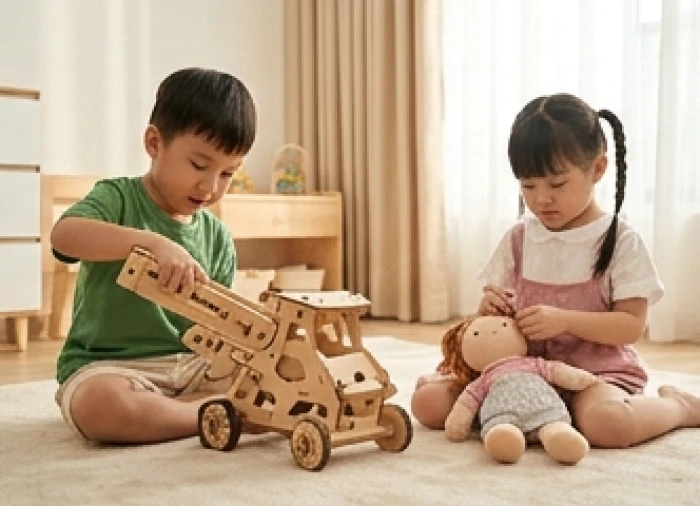 Bé trai hào hứng chơi lắp ráp mô hình bên cạnh bé gái ân cần chăm sóc búp bê tại phòng chơi gia đình