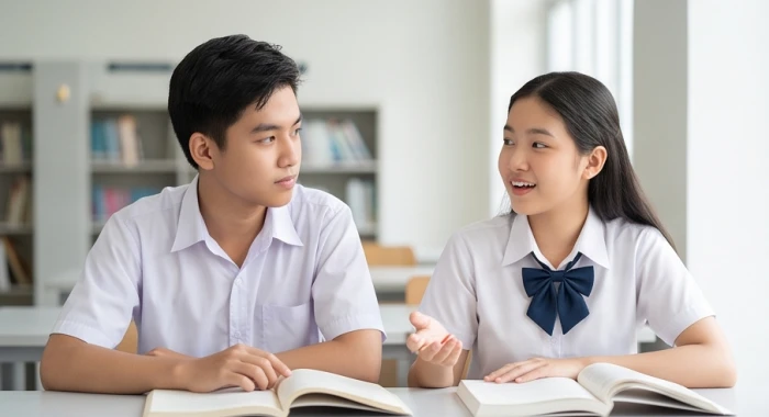 Học sinh nam và nữ tuổi kỷ sửu cùng trao đổi bài học thể hiện sự khác biệt phong cách
