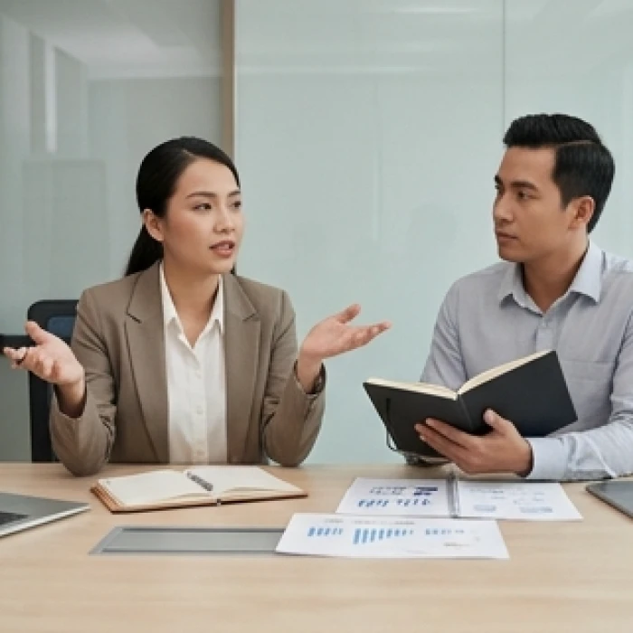 Hai đồng nghiệp nam và nữ tuổi Quý Dậu thảo luận công việc với phong cách quyết đoán và tư duy sắc sảo