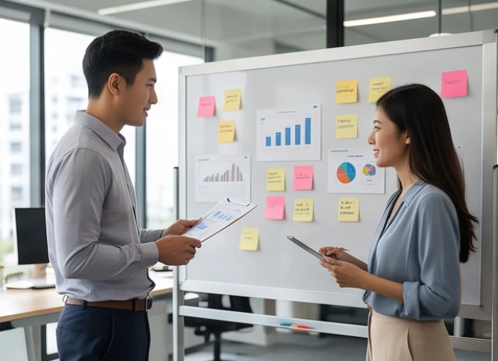 Nam và nữ cộng sự đang cùng nhau xem xét lại các bảng phân công nhiệm vụ chi tiết trên tường văn phòng