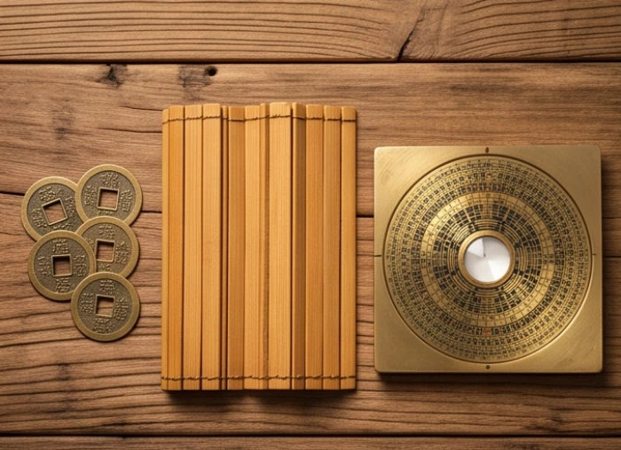 Ba bộ công cụ dự đoán phương Đông gồm thẻ tre, đồng xu cổ và la bàn đặt cạnh nhau trên bàn gỗ mộc