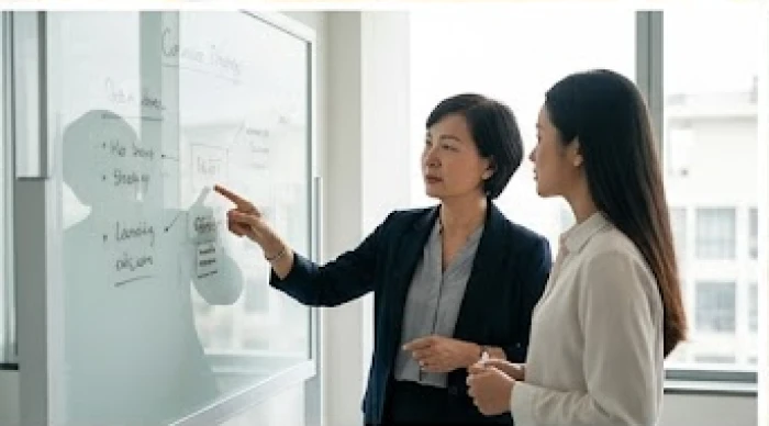 Hai người phụ nữ thuộc hai thế hệ khác nhau cùng làm việc trong một không gian văn phòng hiện đại