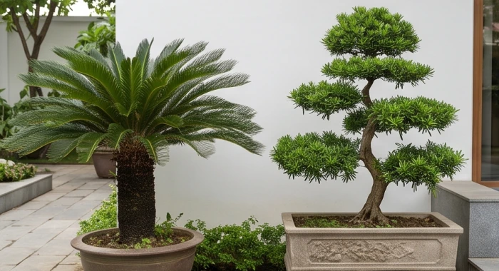 Hai chậu cây vạn tuế hình trụ cứng cáp và tùng la hán tán xanh đặt cạnh nhau trong sân vườn