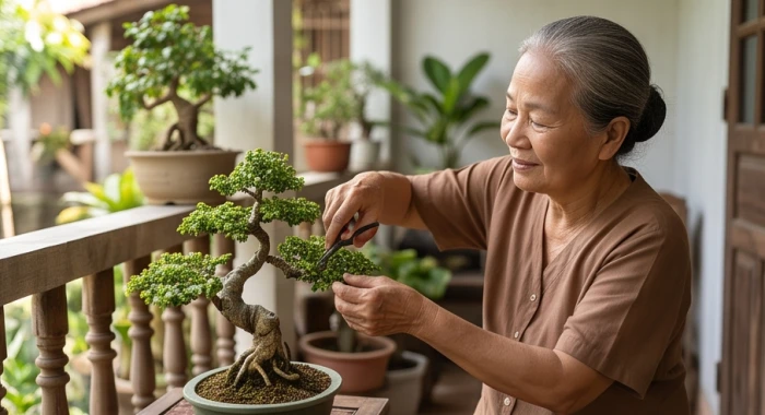 Cụ già đang tỉ mỉ chăm sóc chậu cây bonsai ngoài hiên, thể hiện thói quen sinh hoạt tĩnh tại và tính tự lập cao
