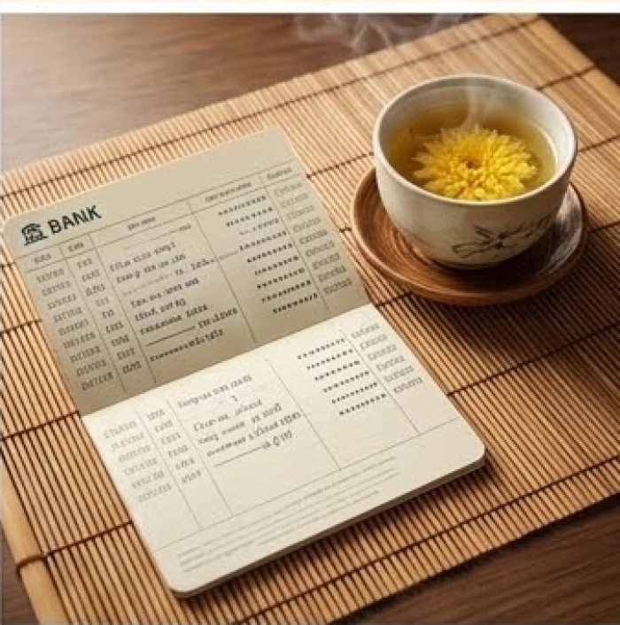 Cuốn sổ tiết kiệm đặt cạnh tách trà hoa cúc nóng hổi tượng trưng cho sự an tâm tài chính ở độ tuổi xế chiều