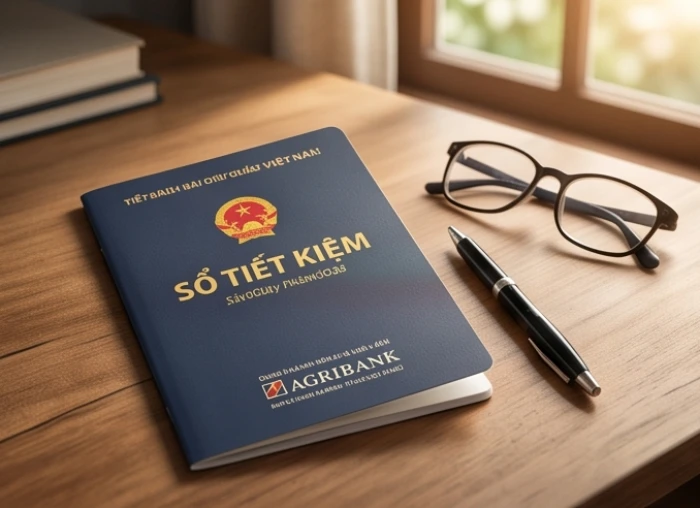 Cuốn sổ tiết kiệm đặt cẩn thận trên bàn làm việc cùng với máy tính và bút bi