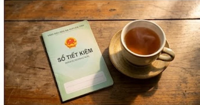 Cuốn sổ tiết kiệm đặt cạnh ly trà nóng trên bàn, tượng trưng cho sự ổn định tài chính tuổi hưu trí