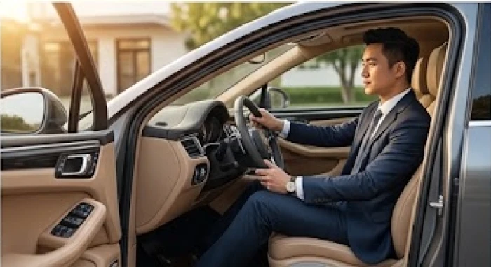 Chủ xe kiểm tra các chữ số tương sinh ứng với ngũ hành cung phi trên chiếc ô tô mới tại khu vực bàn giao xe