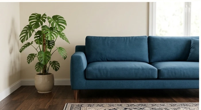 Bộ sofa vải màu xanh dương đặt trong phòng khách nền tường kem ấm áp minh họa phối màu hợp mệnh Đại Lâm Mộc