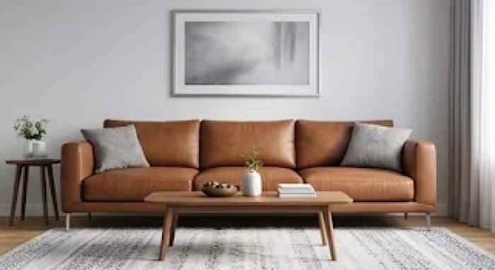 Phòng khách có sofa nâu đất được hóa giải xung khắc bằng thảm xám và tranh viền bạc