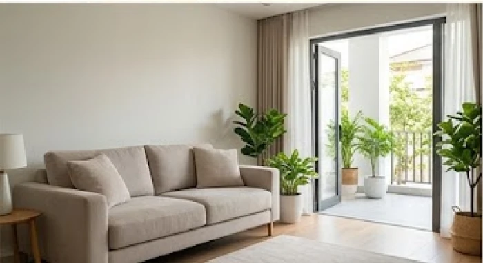 Bộ sofa phòng khách được bố trí hướng ra cửa chính để đón luồng sinh khí vào nhà