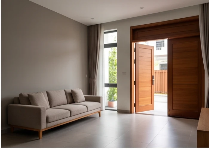 Bộ ghế sofa hiện đại đặt sát mảng tường vững chắc trong không gian phòng khách ngập tràn ánh sáng