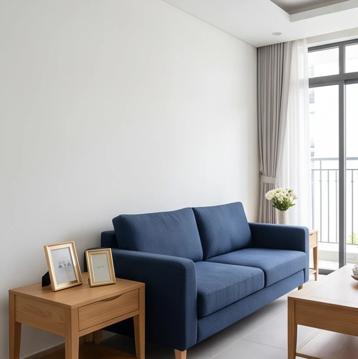 Bộ sofa nỉ màu xanh dương nổi bật giữa phòng khách sơn tường trắng sứ kết hợp điểm nhấn khung tranh mạ vàng