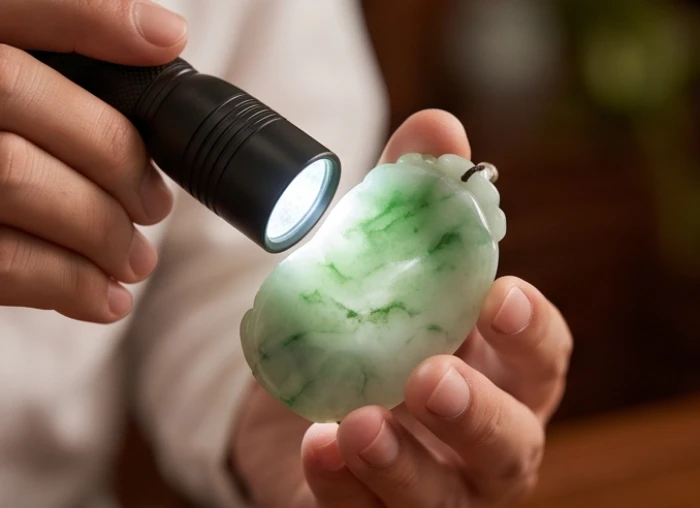 Dùng đèn pin chuyên dụng soi rọi để kiểm tra vân đá tự nhiên nguyên khối trên mặt dây chuyền tỳ hưu