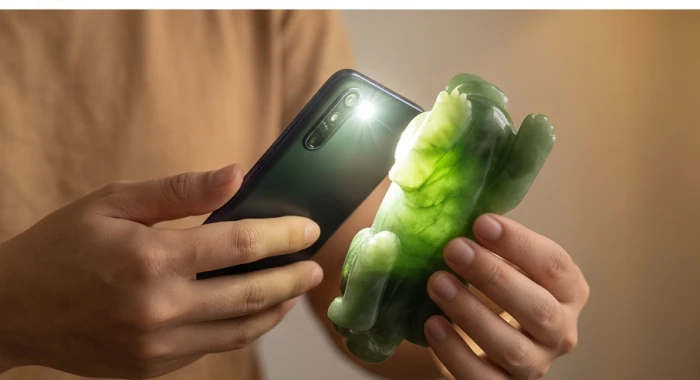 Dùng đèn flash điện thoại áp sát vào tượng cóc thiềm thừ để kiểm tra đường vân khoáng tự nhiên bên trong khối đá thạch anh
