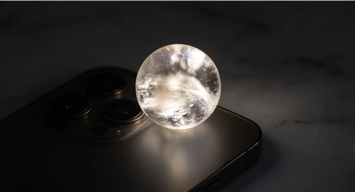 Sử dụng đèn flash điện thoại soi sát vào viên đá thạch anh để kiểm tra độ trong và vân mây tự nhiên