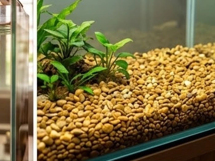 Lớp sỏi tự nhiên màu nâu vàng được trải đều đặn dưới đáy bể kính tạo nền tảng vững chắc cho Thổ khí
