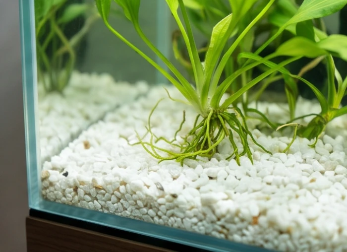 Lớp sỏi nền thạch anh trắng tự nhiên cùng các bụi cây thủy sinh xanh tốt bên trong bể cá